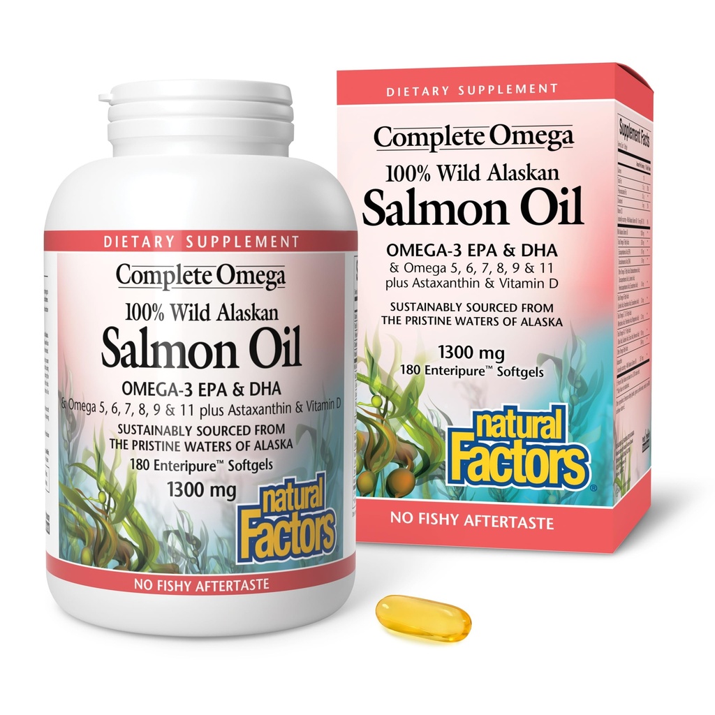 Kompletna Omega przez naturalne czynniki, Wild Alaskan Salmon Oil, Wspiera serce i zdrowie mózgu z Omega-3 DHA i EPA, 180 softgeli (180 porcji)