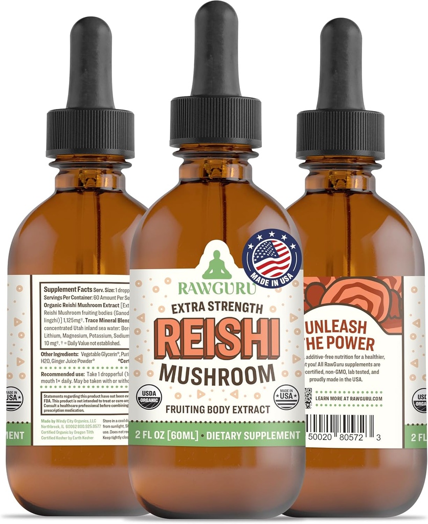 RawGuru Organic Reishi Mushroom Tincture - Reishi Mushroom Extract with Natural Trace Minerals - NanoProcessed Cognitive & Immune Support Supplement - 60 Servings of Vegan Drops per 60 ml, Opakowanie z 1