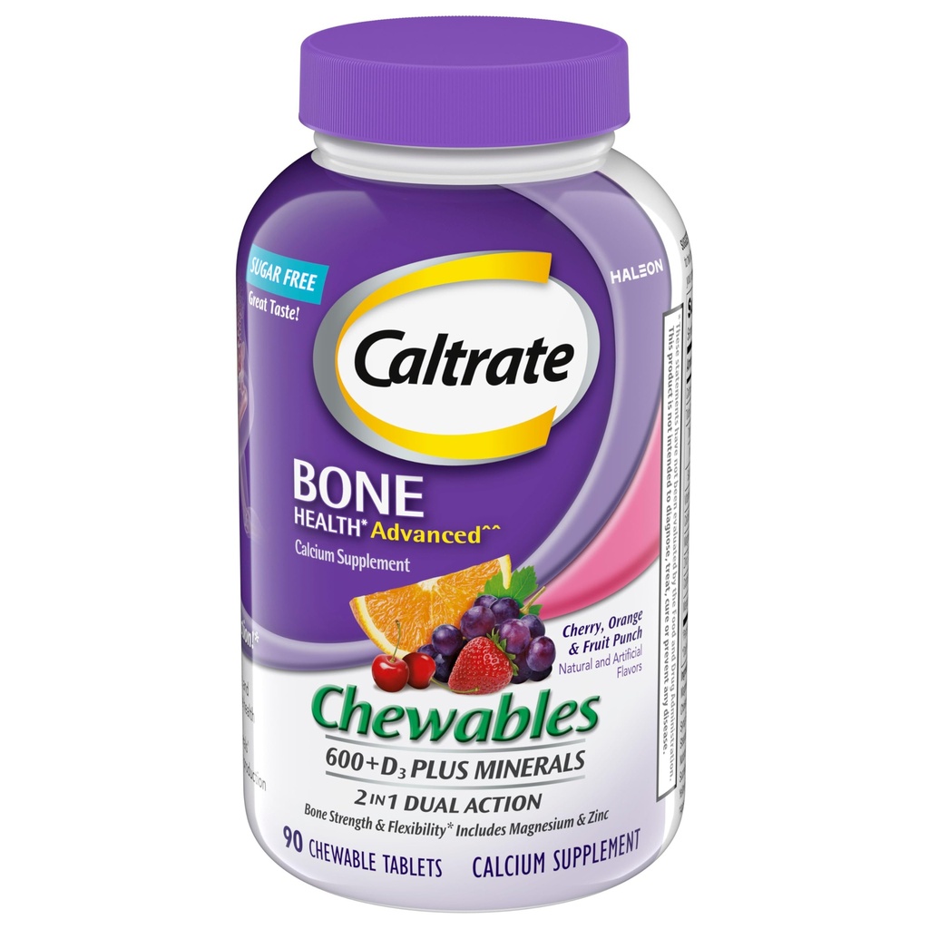 Kaltrate Chewables 600 + D3 Plus Minerały Wapń i Witamina D, Cukier wolny, Wiśniowy, Pomarańczowy i Owocowy Punch, 90 Liczba