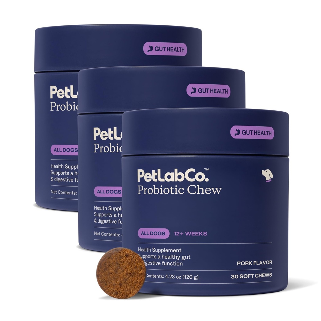 PetLab Co. Probiotyki dla psów, Support Gut Health, Okazjonalna biegunka, Digestive Health & Sezonowe alergie - Wieprzowy Flavor - 30 Soft Chews - Packaging May Vary (Value 3- Pack)