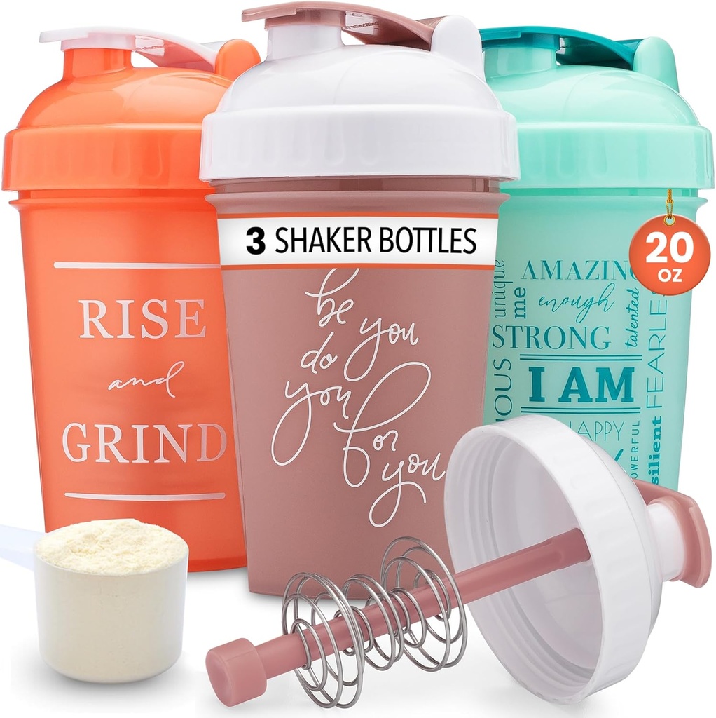 GOMOYO [3- Pack] 20- Ounce Shaker Butelka z Action- Rod Mixer XI124; Butelka Shaker Protein z Motivational Quotes XI124; Butelka Shakers for Protein Shakes są BPA Free i zmywarka bezpieczne 124; Koral, Mint, & Rose