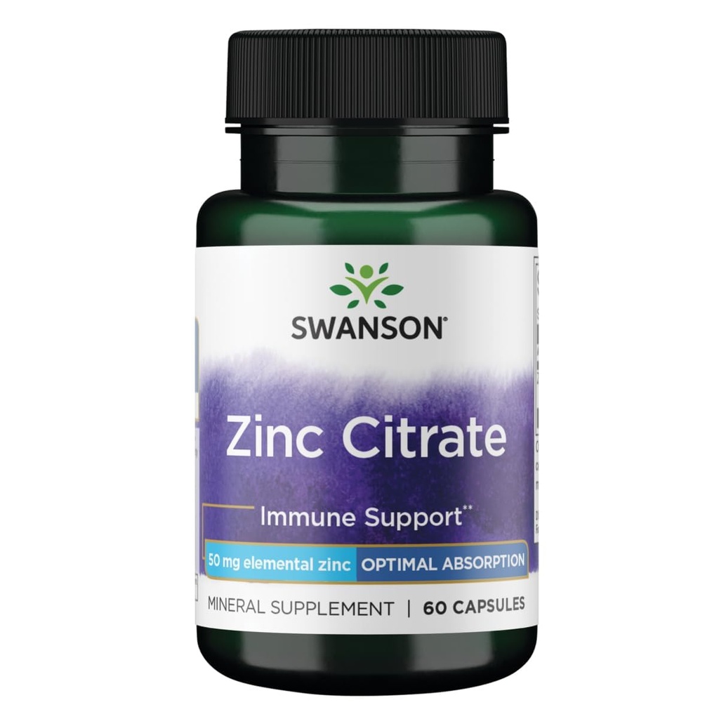 Cytrynian cynku Swanson - Suplement mineralny Promowanie zdrowej wizji i zdrowia systemu immunologicznego - Naturalna formuła wspierająca ogólne zdrowie - (60 kapsułek, 50 mg każdy)
