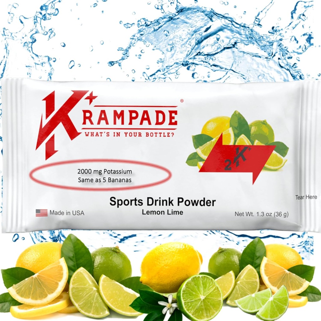 Krampade Original 2K - 2000mg High Potasu Cramp Relief Electrolyte Drink Powder: szybszy odzysk, Wolniejsze Zmęczenie, Zoptymalizowane nawodnienie 124; 20 Jednoporcjowe opakowania (Lemon Lime)