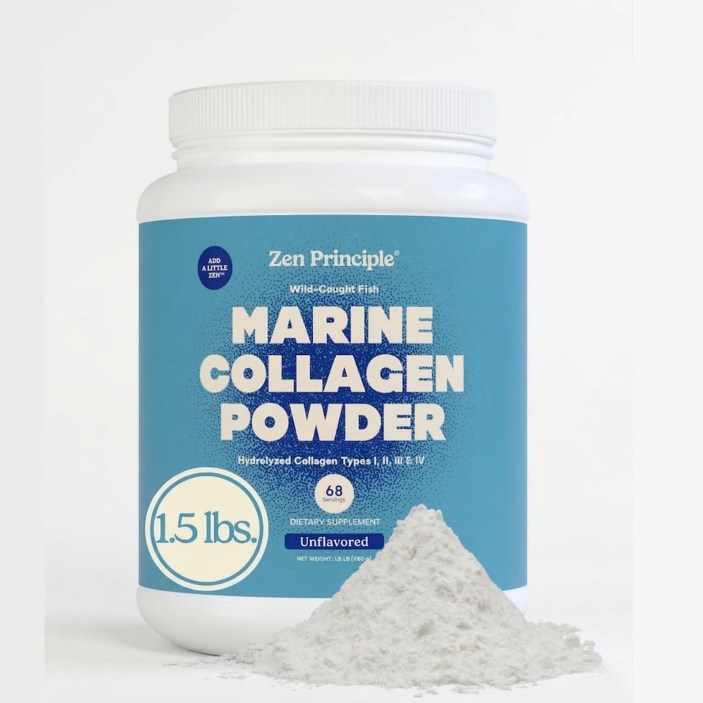 Zen Principle Marine Collagen Peptydes Proszek 1.5 lb. Wild- Caught Fish, Non-GMO. Wspiera zdrową skórę, włosy, łączniki i kości. Zhydrolizowane białka typu I, II, III i IV. Amino Acids. Łatwo wymieszać.