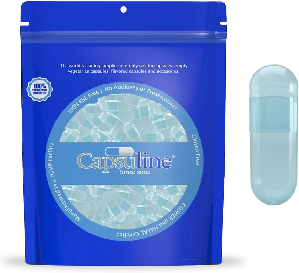 Capsuline Spirulina Colored Size 0 Empty Vegan Capsules Blue/Blue - 100 Count - Vegetarian Empty Pill Capsuless - DIY Vegetable Capsule Filling - Veggie Pill Capsules - Kosher and Halal Certified