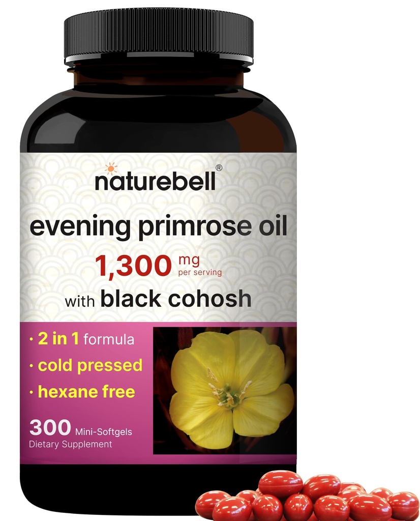 NatureBell Wieczorna Primrose Oil z Black Cohosh, 1,300mg Per Serving, 300 Mini- Softgels Between 124; Zimny Pressed Seeds, Retains 130mg GLA for Womens Health & Skin Care Support - Hexane Free, Non-GMO
