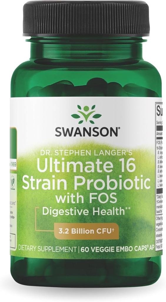 Swanson Dr. Stephen Langer 's Formula - Naturalny Probiotyk w / Prebiotyczne FOS - 16- Suplement szczeliny Promowanie wsparcia trawiennego w / 3.2 Miliard CFU na kapsułki - (60 Kapsułki wegetariańskie)