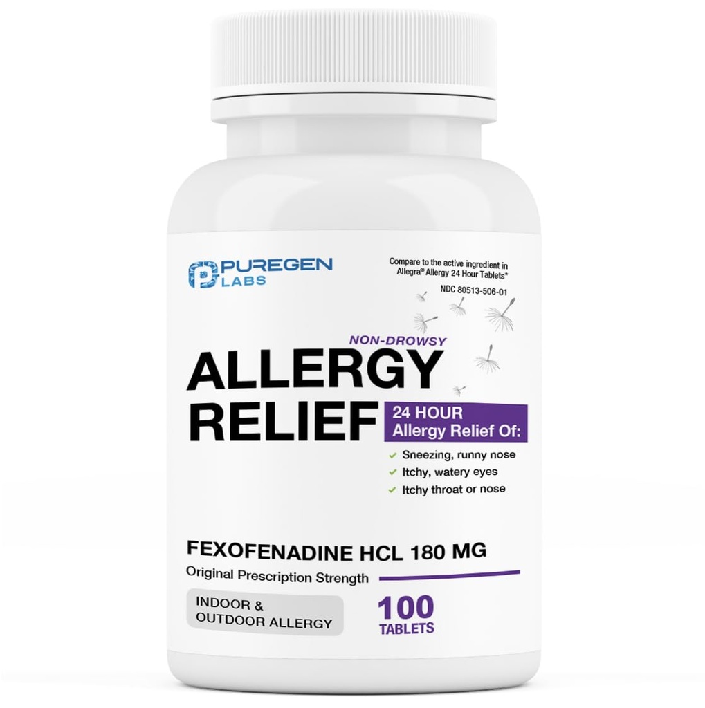 Puregen Labs Allergy Relief, Fexofenadyna 180mg, 100 Tablets - 24 Hour Non- Drowsy Antihistamine Allergy Medicine for Runny Nose, Sneezing, Itchy, Watery Eyes - Made in USA