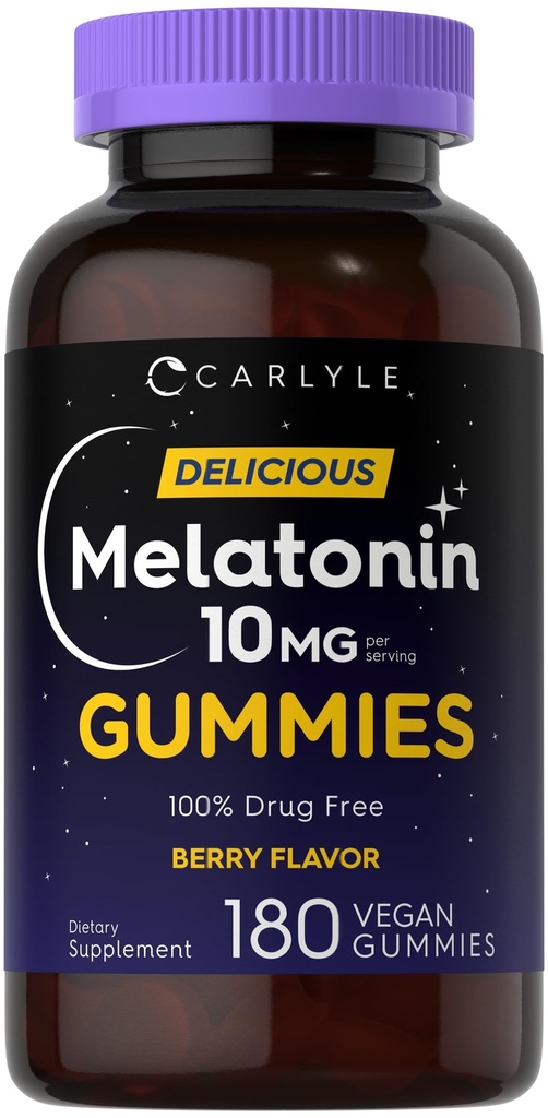 Carlyle Melatonin Gummies 10mg XI124; 180 Count XI124; Adult Drug Free Aid XI124; Berry Flavor XI124; Vegan, Non-GMO, Gluten Free Supplement