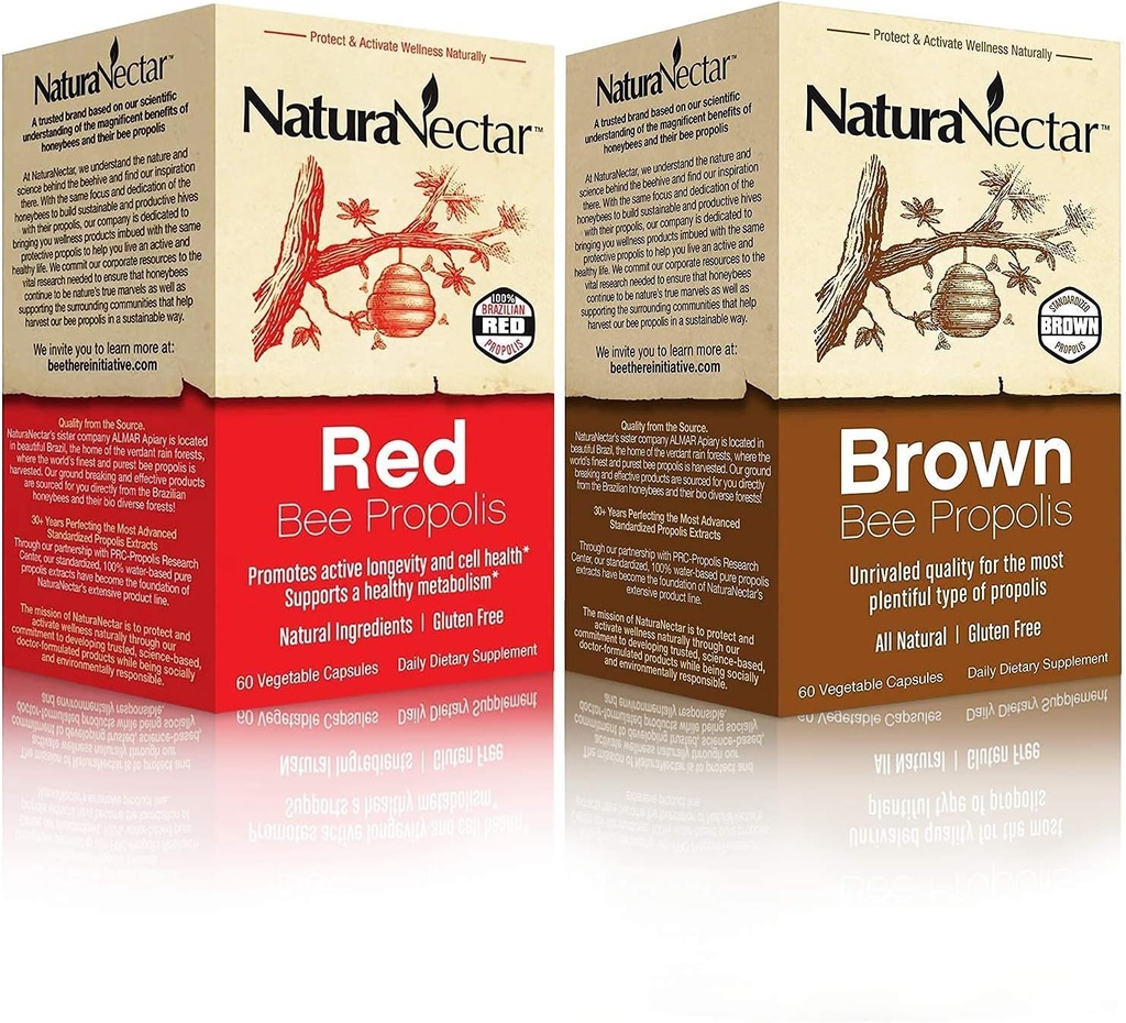 NaturaNectar Natural Bee Propolis Bundle - Red Propolis i Brown Propolis - dla wsparcia immunologicznego, zdrowia oddechowego i zdrowego metabolizmu - 60 kapsułek na butelkę