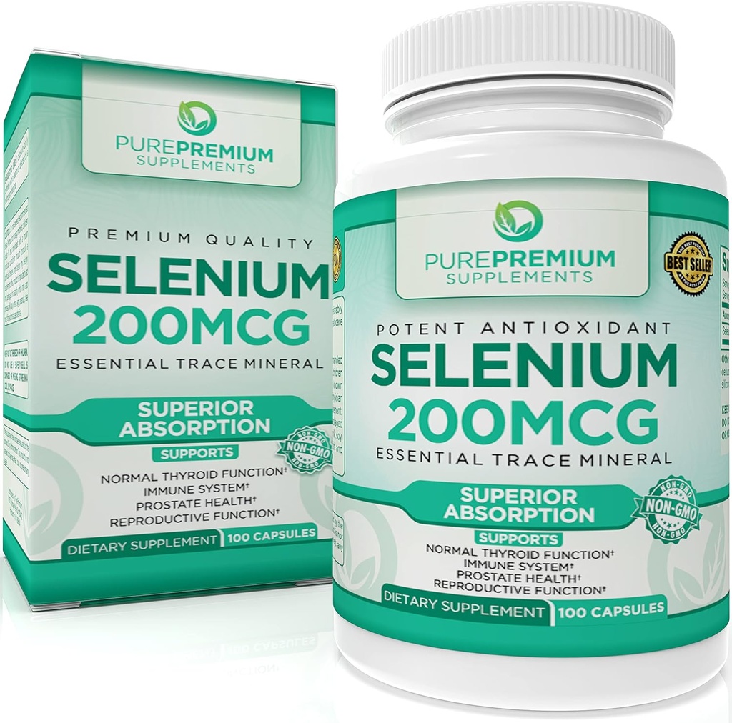 PurePremium Selenium 200mcg Supplement - L Selenometionine Essential Mineral - Codzienne wsparcie dla normalnego tarczycy, System immunologiczny 124; Normalna funkcja prostaty - 3 miesiące dostaw - 100 kapsułki