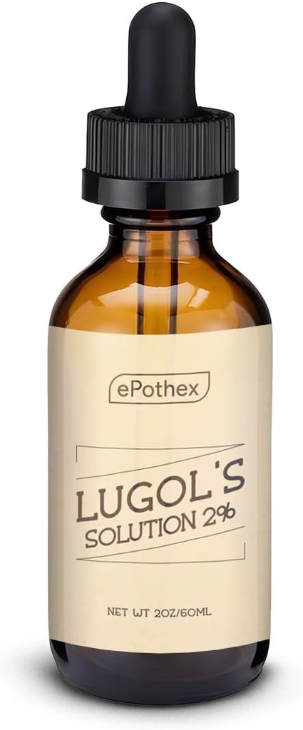 Lugol 's Solution 2% 2oz szklana butelka kroplomierzem. Zawiera jodek potasu i jod, 60 ml