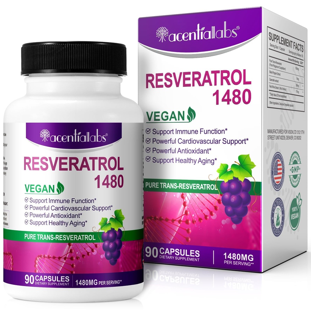 100% Natural Resveratrol - 1480mg Per Serving, 90 Kapsułek wegetariańskich, 99% Pure Trans- Resveratrol, Przeciwutleniacz do zdrowego starzenia, Wsparcie dla mózgu i serca