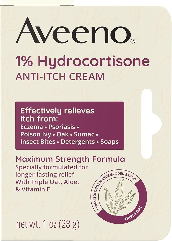 Aveeno Maksymalna wytrzymałość 1% Hydrokortyzon z kremem przeciwswędzeniowym, Triple Oat, Aloe & Witamina E dla Itch Relief z Eczemy, Łuszczyca, Insect Bites, Poison Ivy, Oak & Sumac & Detergents, 1 oz