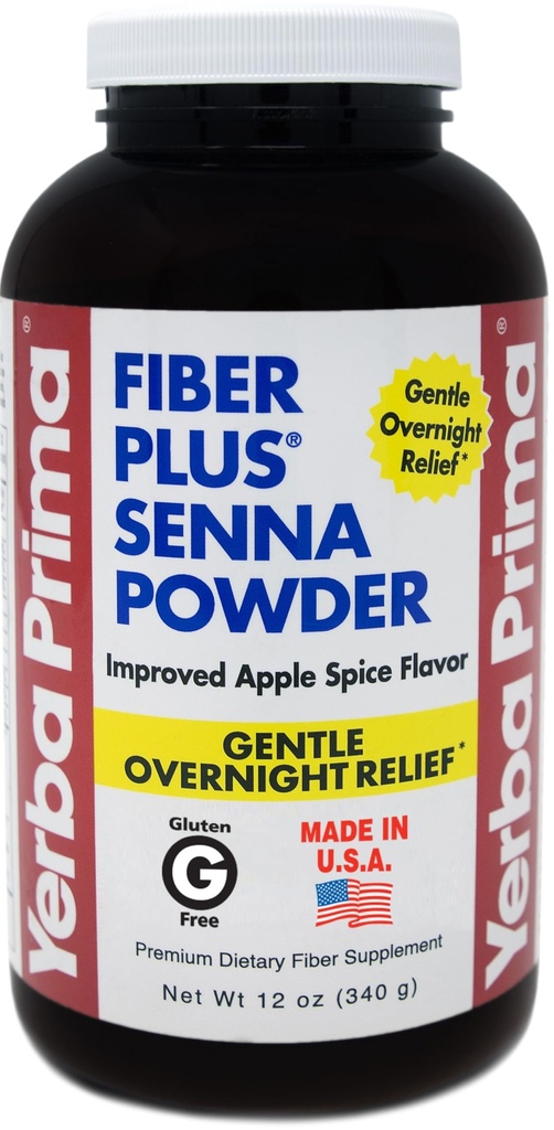 Yerba Prima Fiber Plus Senna Powder, 12 oz (Opakowanie po 1) - Jabłko Spice Flavor, Delikatna nocna ulga, USA Made, Non-GMO, Stewia Sweetened, Krótkoterminowe użycie do przywrócenia regularności