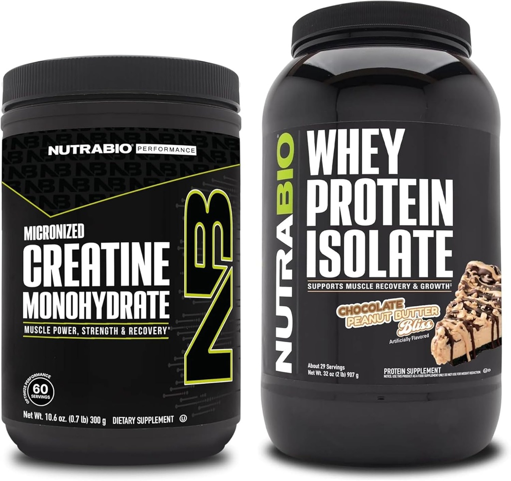 Monowodzian NutraBio Creatine, izolat nieflaworyczny, 300g i serwatkowy, masło orzechowe czekoladowe, suplement Pasek - Energia mięśniowa, Lean Muscle Growth, Odzysk i Siła