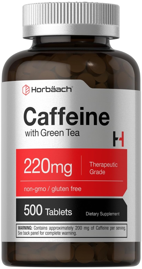 Horbäach Kofeina Tabletki 220mg z zielonej herbaty 124; 500 Tabletki 124; Wegetarianin, Non-GMO & Gluten Free