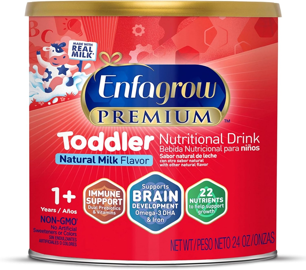 Enfagrow PREMIUM Toddler Drink Nutritional, Made with Real Milk, Brain- Building Omega-3 DHA, Składniki odżywcze i prebiotyki dla wzrostu i wsparcia immunologicznego, Non-GMO, Toddler Milk Powder, 24 Oz Can
