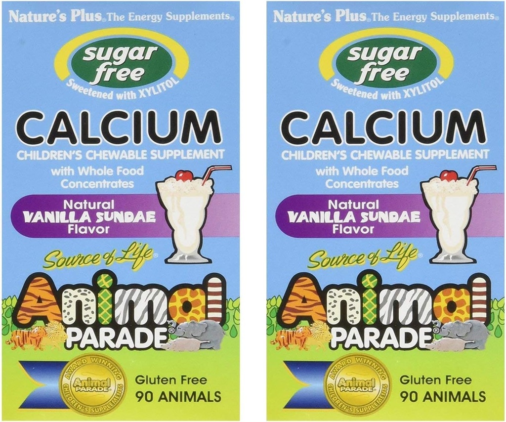 NaturesPlus Animal Parade Sugar-Free Wapń dla dzieci, Vanilla Sundae Flavor - 90 Rozpuszczalne tabletki zwierzęce, Opakowanie 2 - Magnez dla zdrowia kości - Gluten Free - 90 Servings