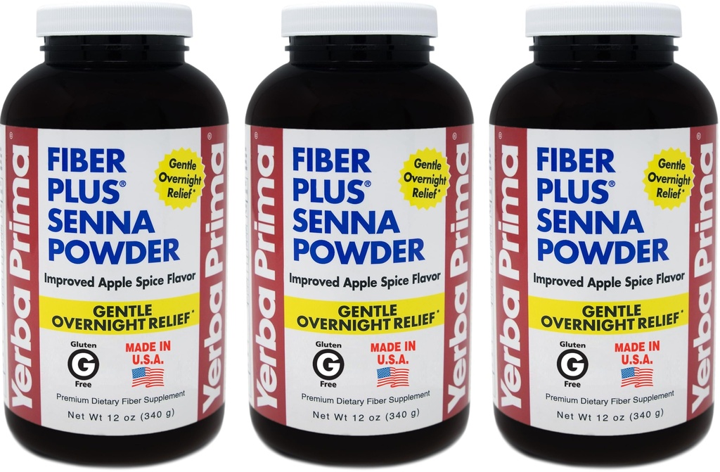 Yerba Prima Fiber Plus Senna Powder, 12 unce (Pack of 3) - do krótkotrwałego stosowania w celu przywrócenia regularności, Ulepszony Jabłko Spice Flavor, Stewia Sweetened, Zapewnia łagodny Overnight Relief, Non-GMO