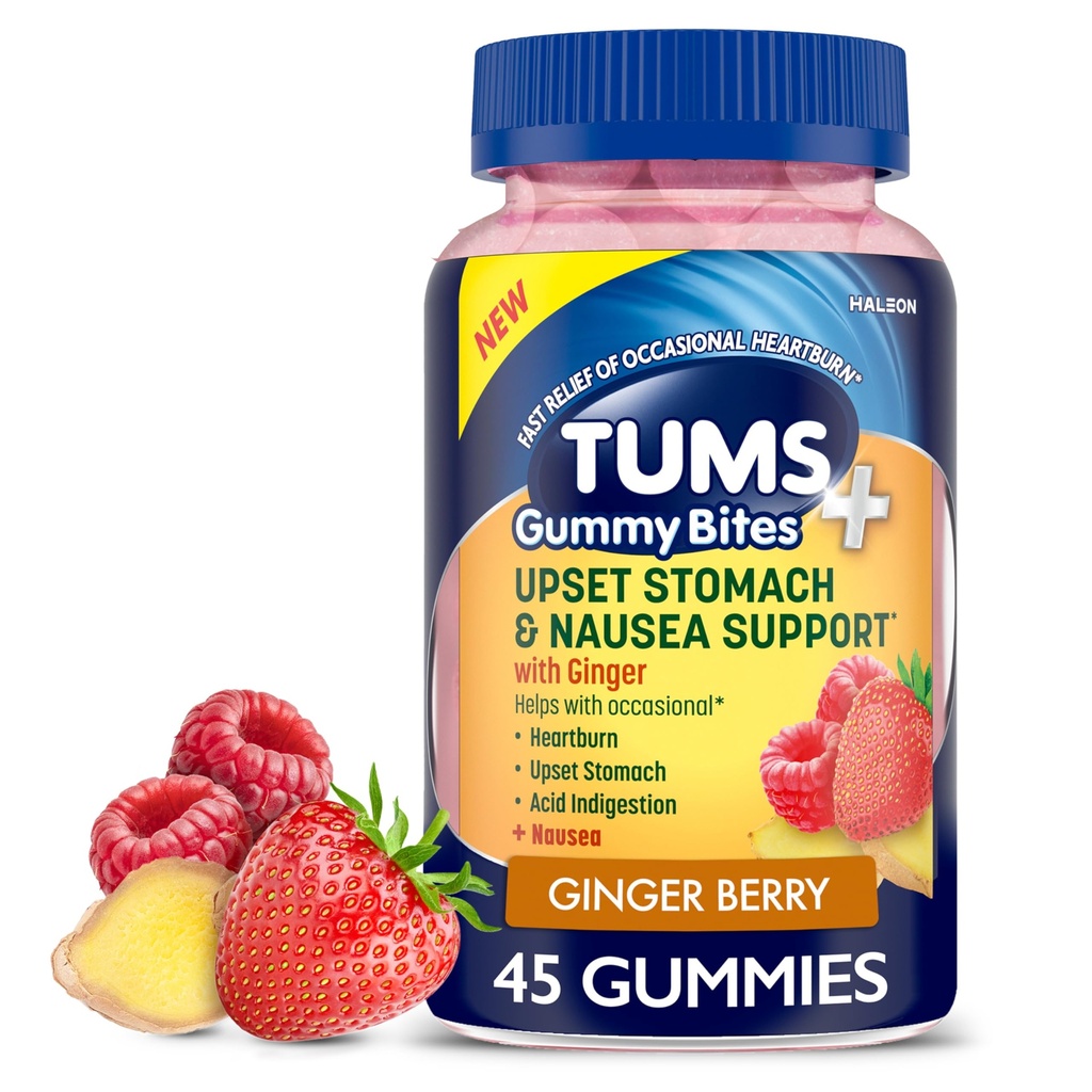 TUMS Plus Upset Stomach & Nudności Wsparcie, Suplement diety, Ginger Berry - 45 Hrabia