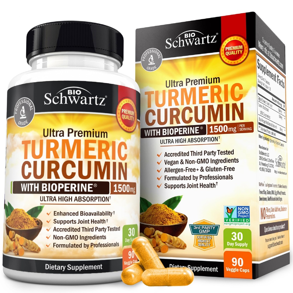 Kurkumina kurkumina z ekstraktem Black Pepper 1500mg - Wysoka Absorpcja Ultra Pothent Turmeric Supplement z 95% Kurkuminoidy i BioPerine - Nie GMO Tumeryczne kapsułki do wspólnego wsparcia - 90 Kapsułki