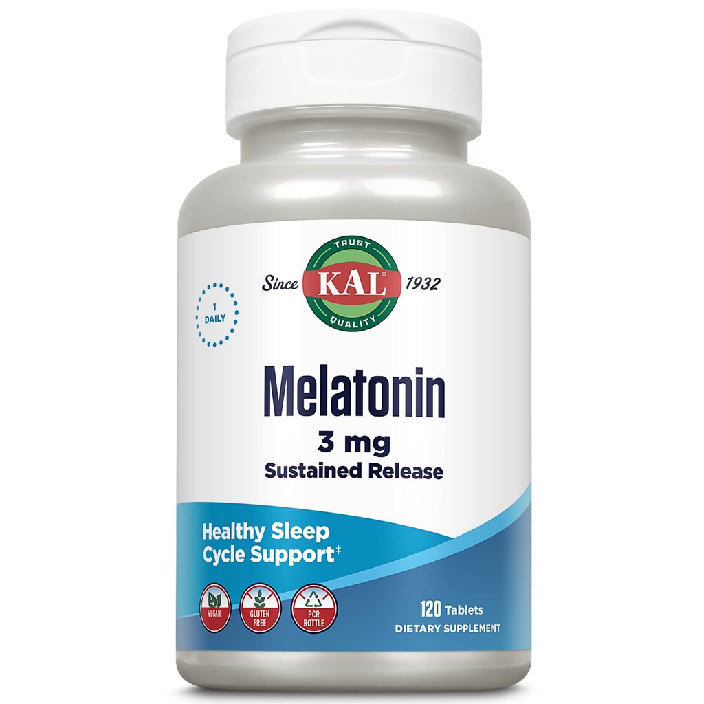KAL Melatonina 3 mg Trwała pomoc na sen uwalniania, Suplement melatoniny wspomaga zdrowe relaks, spokojne uczucie i odpowiedni cykl snu, w / dodano witaminę B6, wegan, gluten wolny, 120 Serv, 120 tabletek