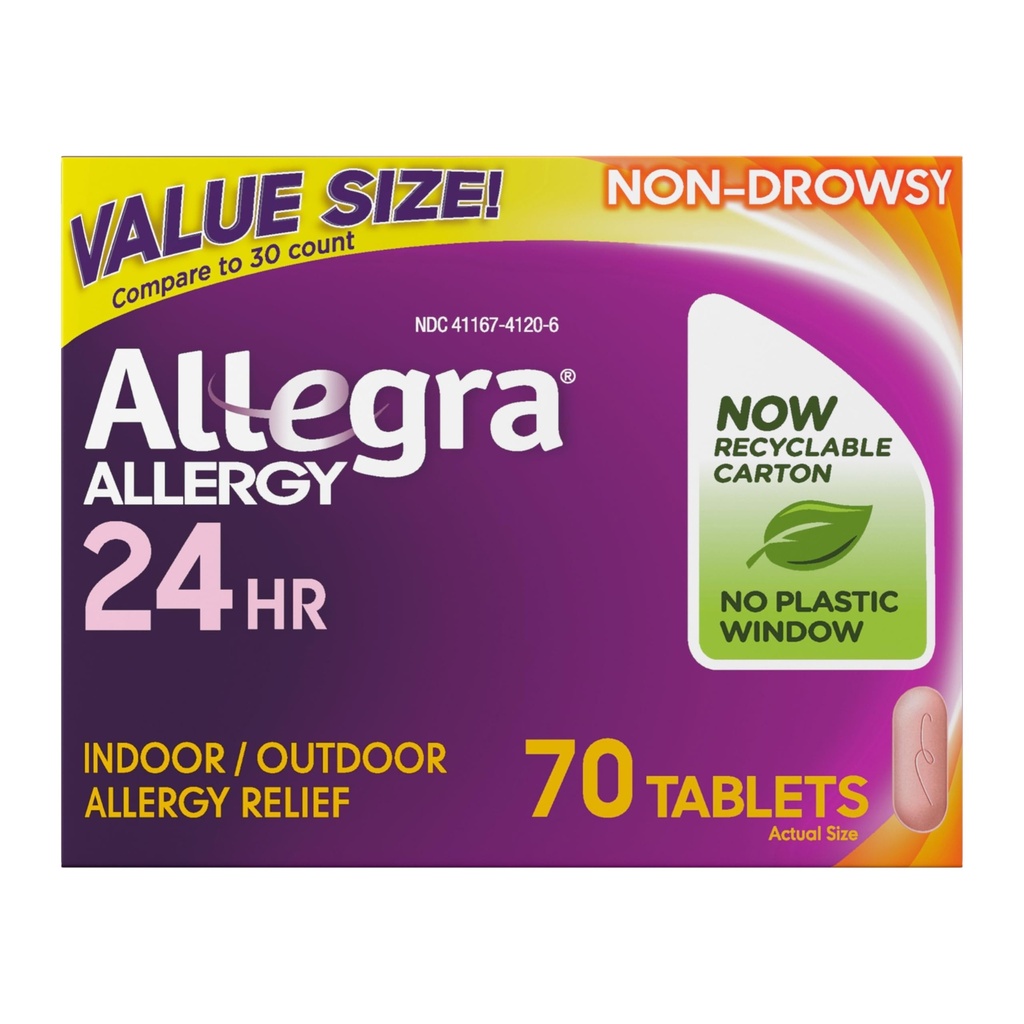 Allegra Adult 24-Hour Allergy Relief Tablets, Non-Drowsy Indoor and Outdoor Allergy Medicine, 180 mg Fexofenadine HCI Antihistamine Pill, 70-Count