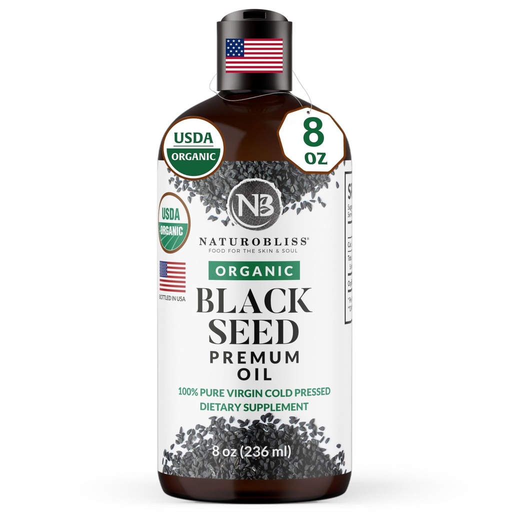 NaturoBliss Organic Black Seed Oil 100 Virgin Cold Pressed Omega 3 6 9 Super przeciwutleniacz do wsparcia immunologicznego, Łączniki, Mobilność, Trawienie, Wegan skóry włosów, Gluten- Free, Non-GMO USDA Certified 8oz