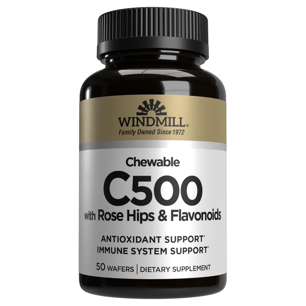 Windmill Natural Vitamin Witamina C 500 mg, z Rose HIPS i Bioflavonoids, Wzmacniacz immunologiczny, Wsparcie przeciwutleniacze, Tabletki do żucia, Acerola Berry, 50 Tabletki, 50 Służb