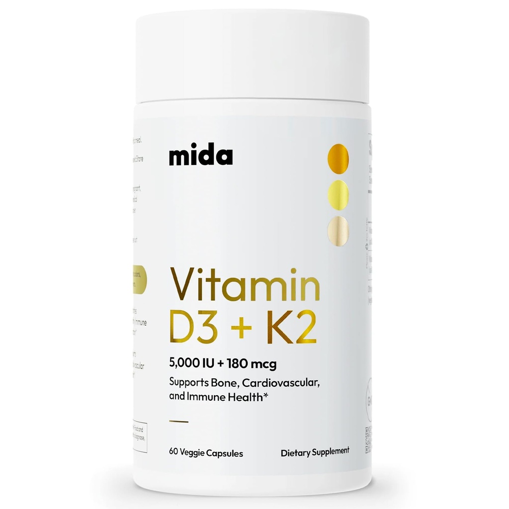 Mida Health ® D3 K2 Witamina 5000 IU z MK- 7 IG124; Naturalny suplement dla kości, serca i immunologicznego wsparcia 124; Dorośli Vegan kapsułki 124; 60 Służenie