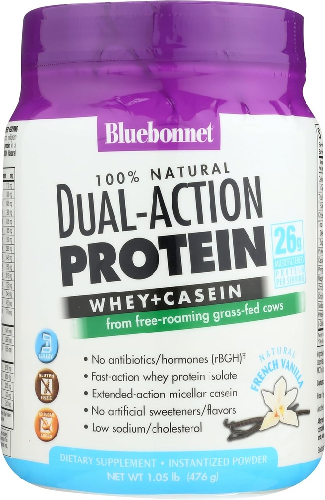 Bluebonnet Nutrition Dual- Action Protein Powder, Serwatka z krów karmionych trawą, Nie dodano cukru, Nie GMO, Gluten & Soy Free, Kosher Dairy, Francuski Vanilla Flavor, Off- biały, 16.8 Oz