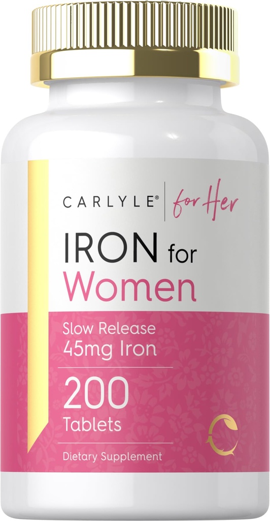 Carlyle Żelazo suplement dla kobiet 124; 45 mg 124; 200 tabletek o wolnym uwalnianiu 124; Wegetarianin, Non-GMO, Gluten Free Pills
