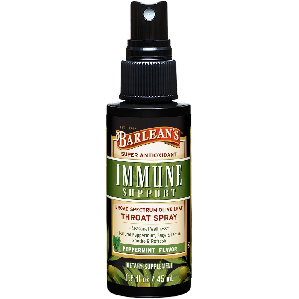 Barlean 's Olive Leaf Complex Throat Spray, Suplement wsparcia immunologicznego z miętą pieprzową, cytryna, i Sage for Itchy Throat Relief, Liquid blended Extract, 1.5 oz