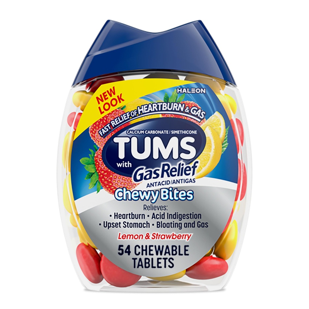 TUMS Chewy Bites do żucia Antacid Tablets with Gas Relief, Lemon & Strawberry - 54 Count