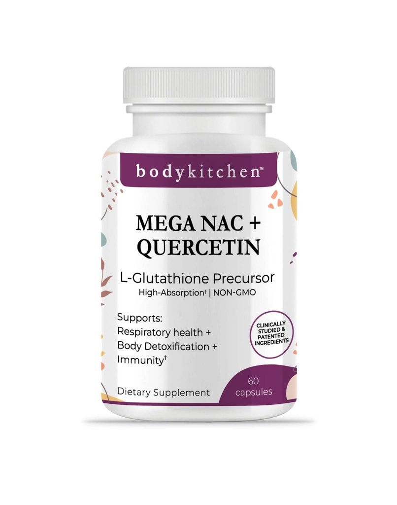 Body Kitchen Mega NAC (N-Acetyl Cysteine) 600 mg with Quercetin, Supports Respiratory Health and Immune Function and Promotes Liver and Kidney Detox, Veggie Caps, (Pack of 1)