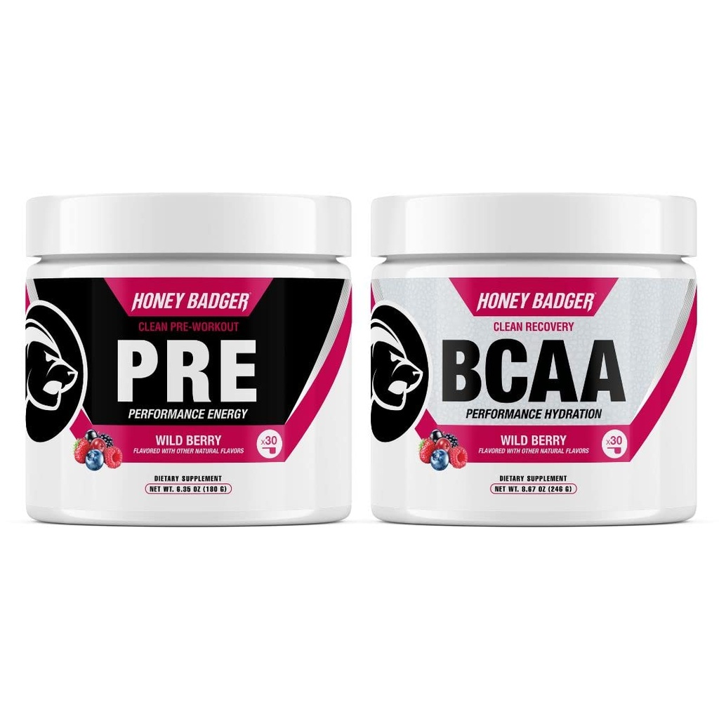 Miodowy Borsuk Wstępny Trening Proszek & BCAA Acidy Amino Proszek Pas 124; Beta Alanina, Kofeina i Witamina C + Elektrolity Witaminy 124; Wegan Keto Cukier wolny & Paleo dla mężczyzn i kobiet 124; 30 Służenie (Wild Berry)