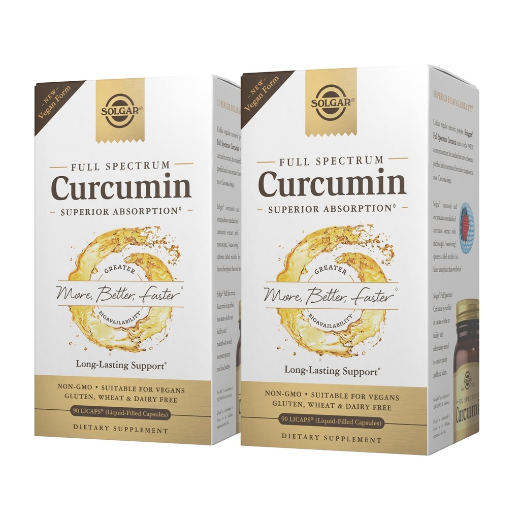 Solgar Full Spectrum Curcumin - 90 LiCaps, Pack of 2 - Superior Absorption - Mózg, Joint & Immune Health - Non-GMO, Wegan, Gluten Free, Dairy Free - 180 Total Servings