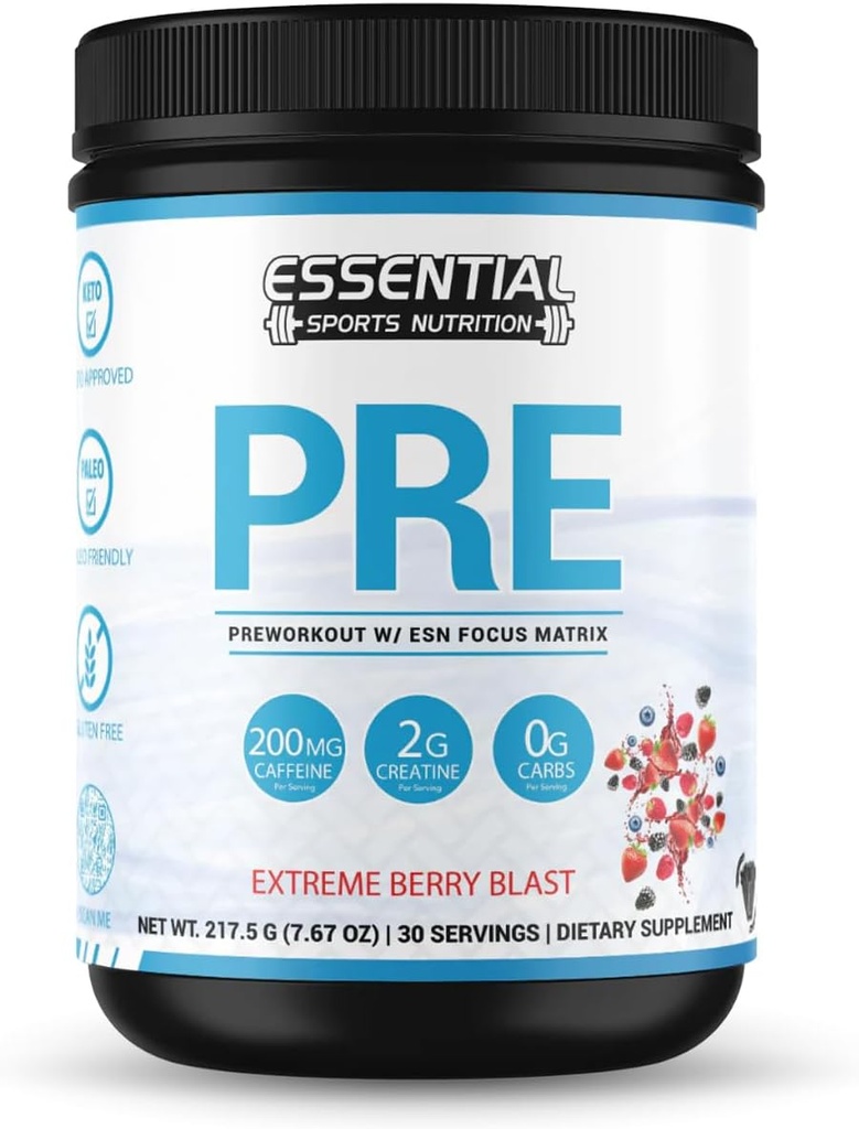 PRE 124; Wstępne ćwiczenia z kreaturą, formułą Focus i 200mg kofeiną (n / a, Extreme Berry Blast)