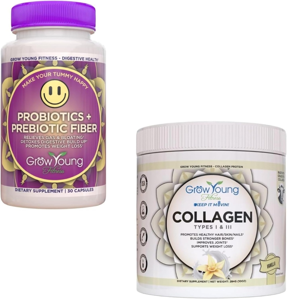 Grow Young Fitness Probiotic and Vanilla Collagen - Supports Digestive Health and Promotes Skin and Bones - (1) 30-Pack of Probiotics + 12.4oz of Vanilla Collagen Powder