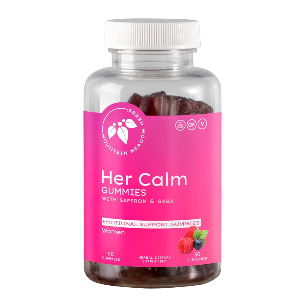 Mountain Meadow Herbs Jej spokojne gumki - Natural Mood Support with Saffron, Kwiat Pasji, St. John 's Wort, GABA - Stress Relief Supplement for Women - 60 szt.