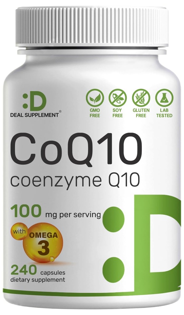 DEAL SUPLEMENT CoQ10 100 mg z Omega 3 100 mg, 240 kapsułki 124; Bioavailable Coenzym Q10 Formuła 124; Non-GMO