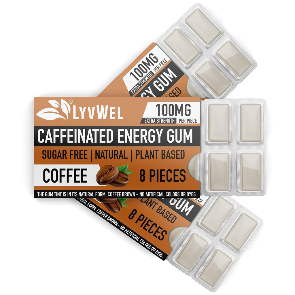 LyvWel Energy Gum 124; 100 mg kofeiny na klejnot 124; All Natural Golden 124; Sugar-Free Pre- Workout Boost: Twój niezbędny suplement energetyczny do pozostania w obudzie- 3 Pack (kawa)