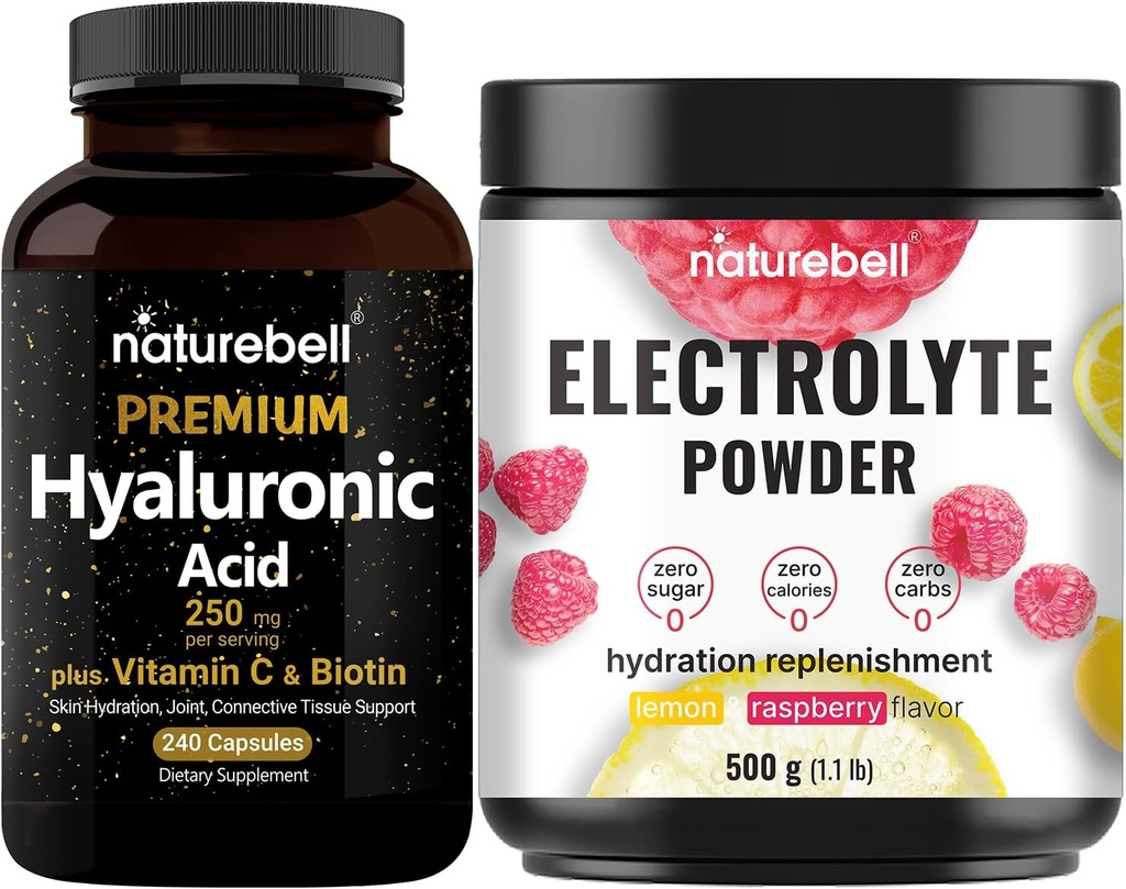 NatureBell Hyaluronic Acid Kapsułki z Biotin + Witamina C & Electrolyte Hydration w proszku Pakiet paczek 124; Kompletny kompleks pielęgnacji urody 124; Prawdziwe elektrolity kokosowe