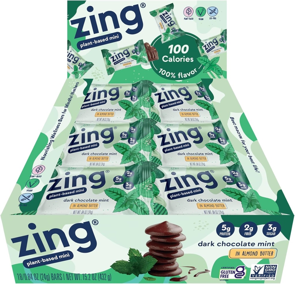 Zing Dark Chocolate Mint Kids Protein Bary, Gluten Free 100 Calorie Mini Bary z wysokim białkiem, Wegan Nutrition Bars, Bezmleczne rośliny na bazie białka, Kosher, Low Sugar, Brak alkoholu cukru -18