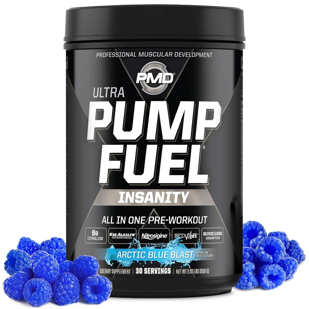 PMD Sports Pump Fuel Ultra Insanity - Premium Pre Workout Powder & Pompa mięśniowa, Greater Focus, Endurance & Recovery, Premium Creatine, Arginine & Beta Alanine - Arctic Blue Blast (30 Służenie)