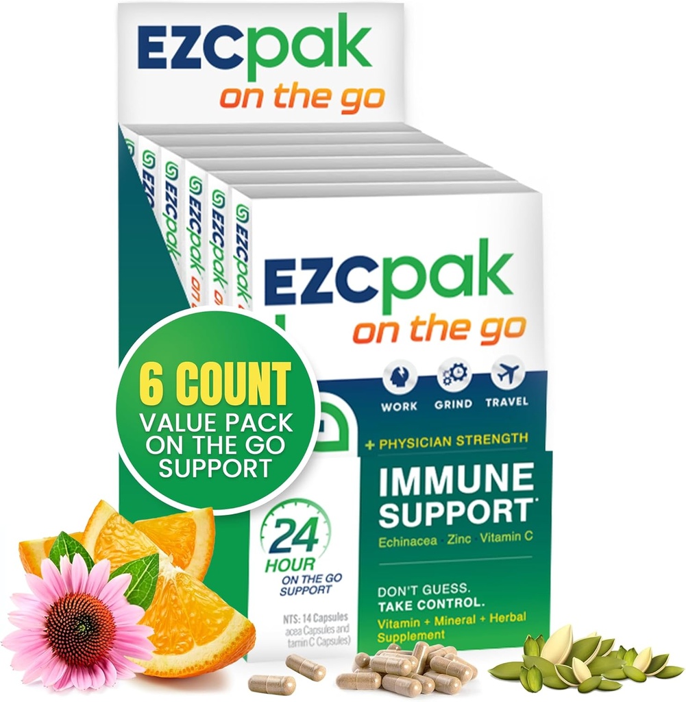 EZC Pak On The Go Immune System Booster z Echinacea, Witamina C, Cynk, Suplement wsparcia immunologicznego, Immunitet Witaminy dla dorosłych, Przyjazne dla podróżujących opakowania, Wegetarianin, Gluten- Free - Opakowanie 6