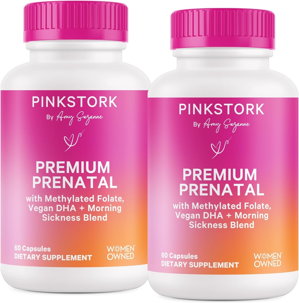 Pink Stork Premium Witamina prenatalna dla kobiet - Multivitamin & Probiotyki - Poranna choroba, trawienie, & Energia - Folate, B6, & Żelazo - 60 Kapsułki - 2 opakowania