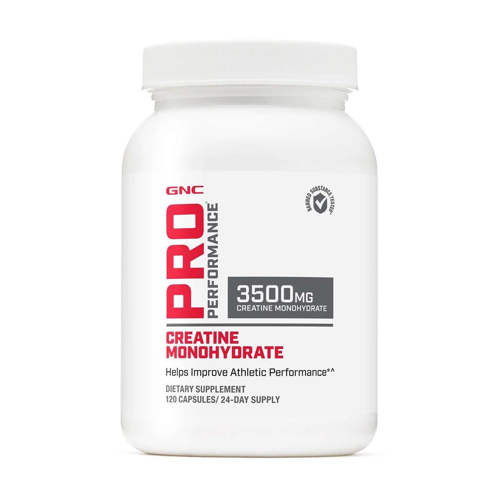 GNC Pro Performance Monohydrat kreatora 3.5g Suplement, Poprawia budowę mięśni, wytrzymałość i wydajność, 120 Kapsułki, 24 Służenie