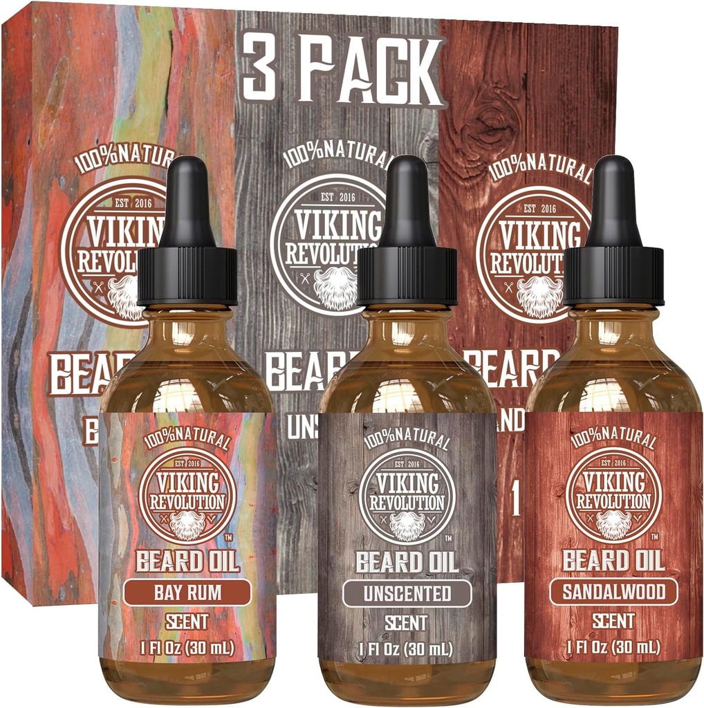 Viking Revolution Beard Oil for Men 3 Pack - Natural Mens Beard Oil Variety Set 2 - Sandalwood, Unscented and Bay Rum Scents - Beard Condition and Moisturising for a Healthy Beard (3 Pack, 1oz)